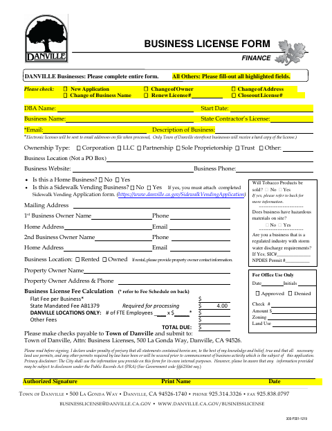 First page of the Business License Form