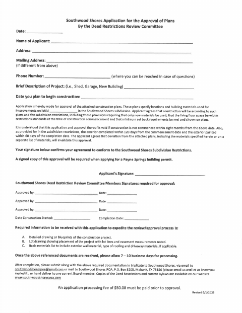 First page of the Southwood Shores Application