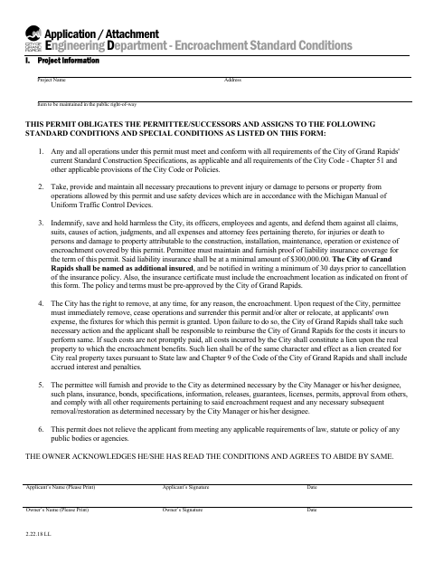 First page of the Right-of-Way Encroachment Permit Standard Conditions