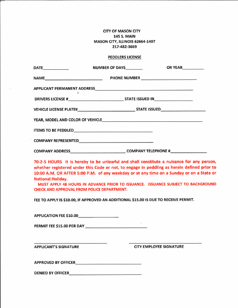 First page of the Peddlers License Application