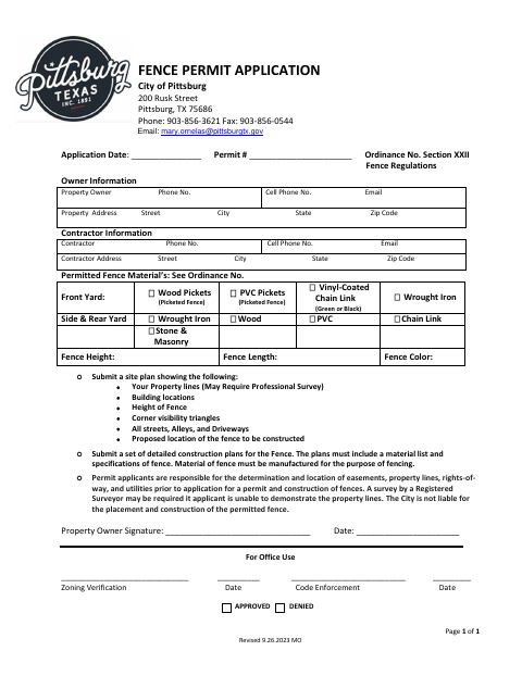 First page of the Fence Permit Application