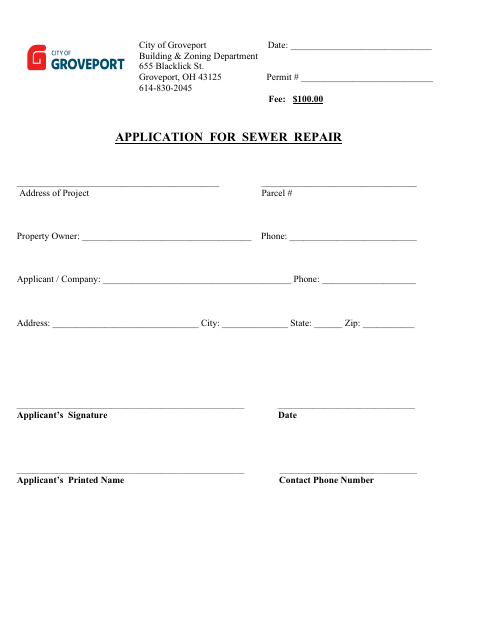 First page of the Application for Sewer Repair