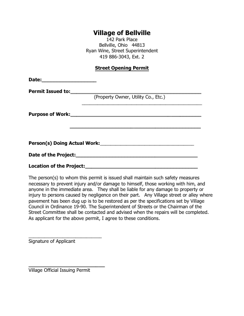 First page of the Street Opening Permit