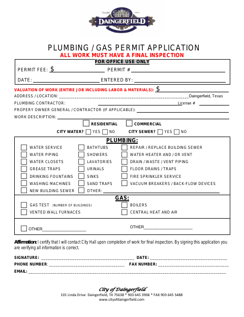 First page of the Plumbing/Gas Permit Application