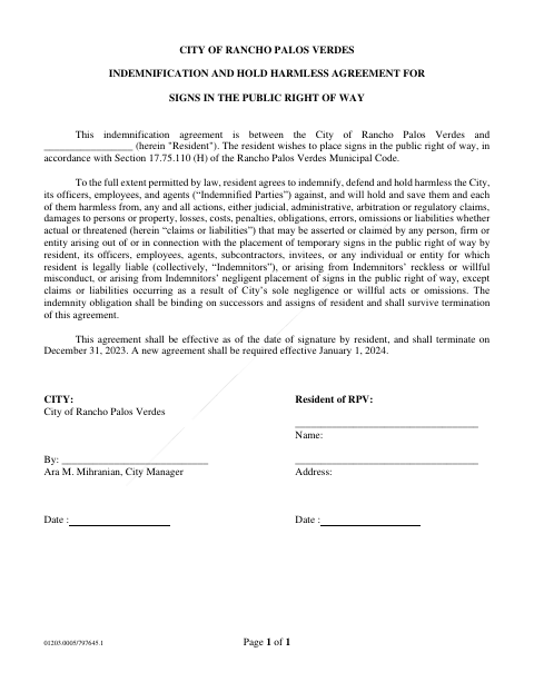 First page of the Indemnification and Hold Harmless Agreement for Signs in the Public Right of Way