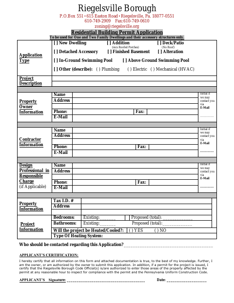 First page of the Residential Building Permit Application