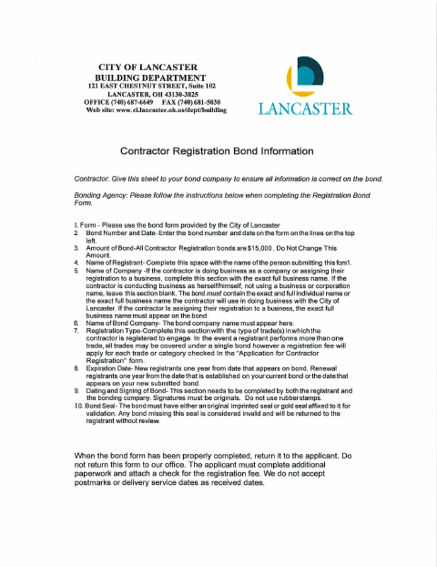 First page of the Contractor Registration Bond