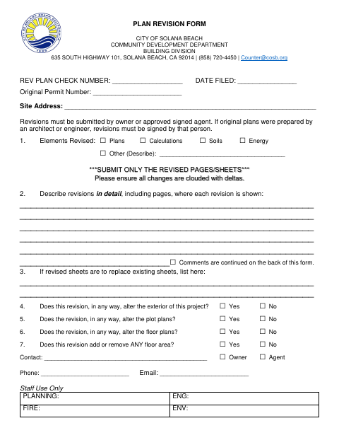 First page of the Plan Revision Form