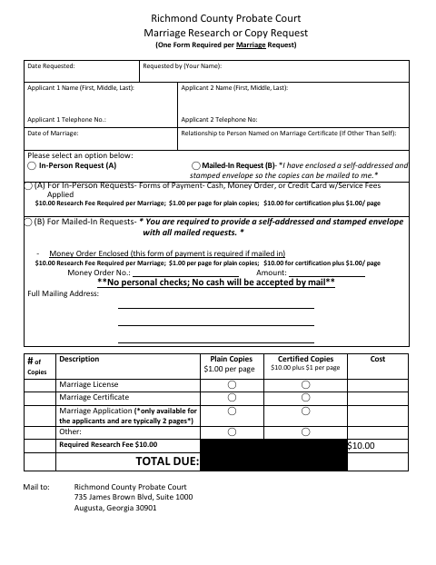 First page of the Marriage Research or Copy Request Form