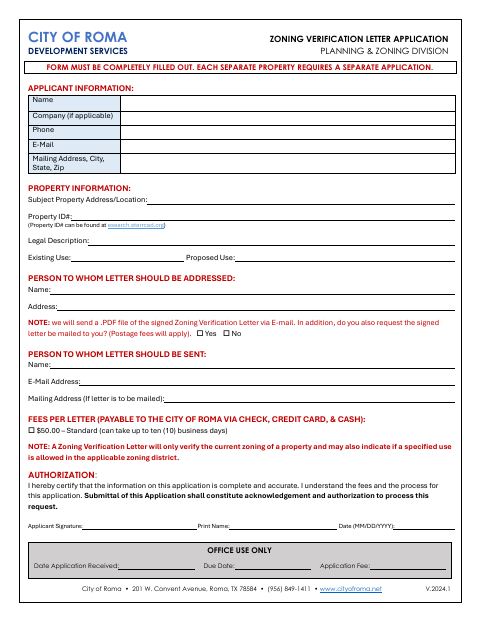 First page of the Zoning Verification Letter Application