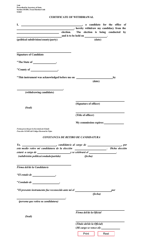 First page of the Certificate of Withdrawal