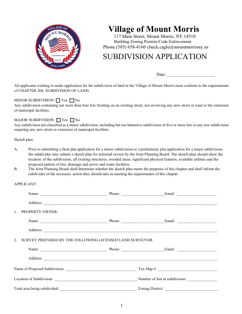 First page of the Subdivision Application