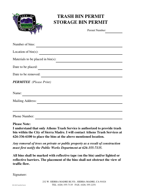 First page of the Trash Bin / Storage Bin Permit