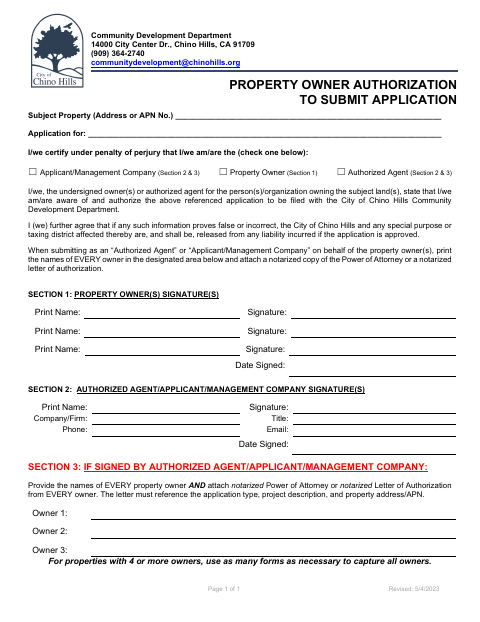 First page of the Property Owner Authorization to Submit Application