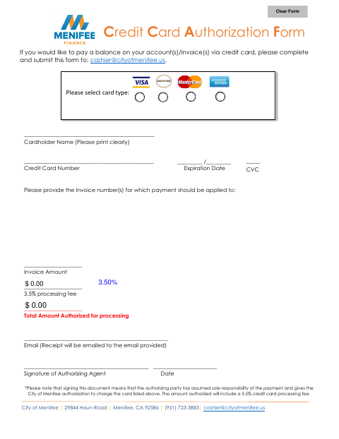 First page of the Credit Card Authorization Form