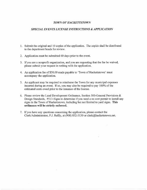 First page of the Special Events License Application