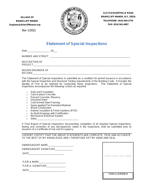 First page of the Statement of Special Inspections