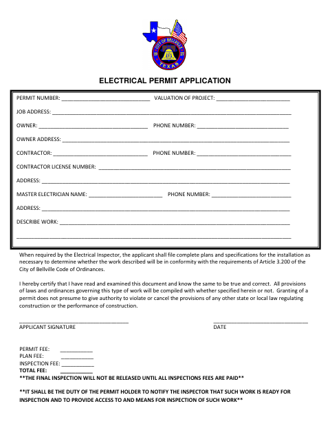 First page of the Electrical Permit Application