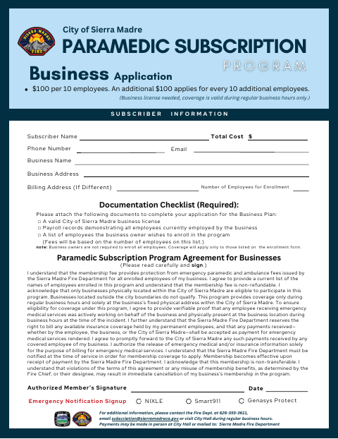 First page of the Paramedic Subscription Program Agreement for Businesses