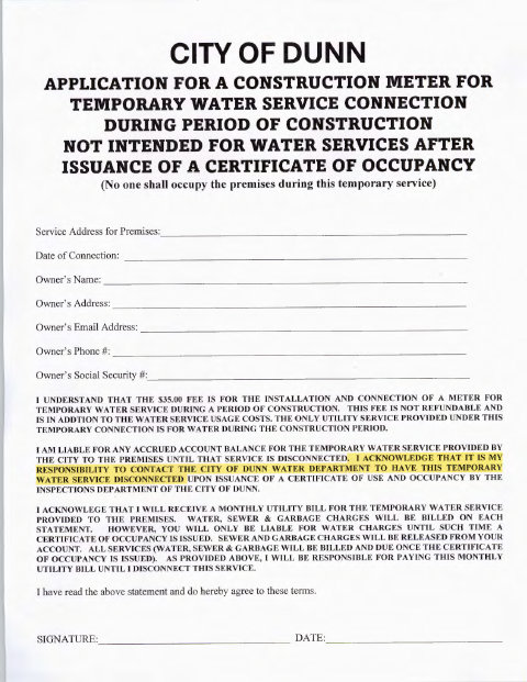 First page of the Application for a Construction Meter for Temporary Water Service