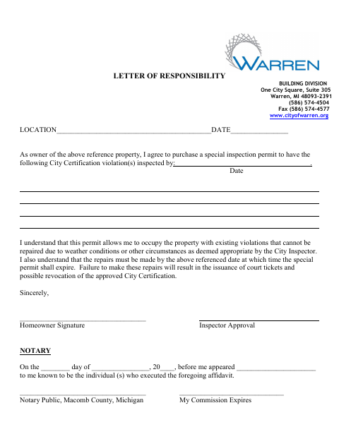First page of the Residential Letter of Responsibility