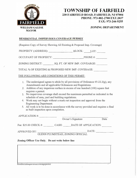 First page of the Residential Impervious Coverage Permit