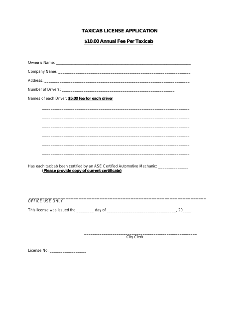 First page of the Taxicab License Application