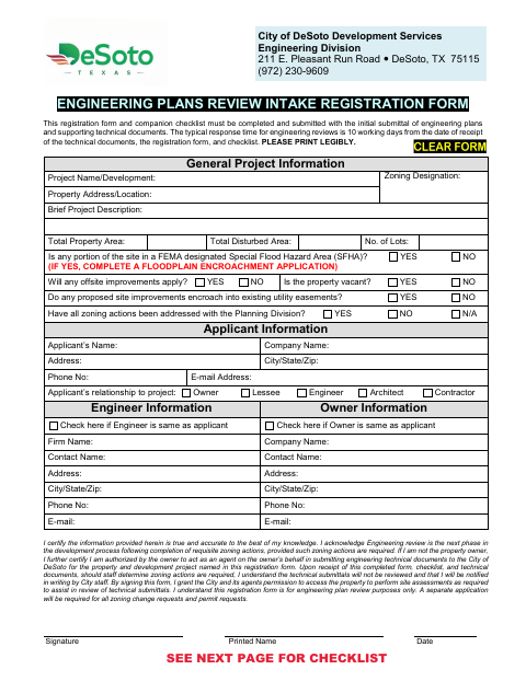 First page of the Engineering Plans Review Intake Registration Form
