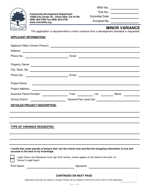 First page of the Minor Variance Application