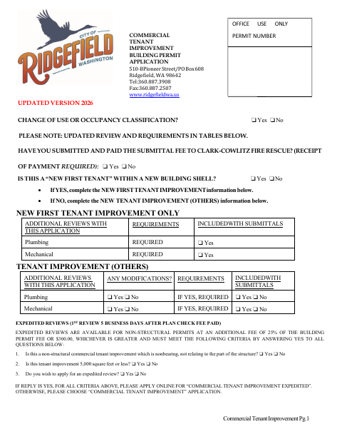 First page of the Commercial Tenant Improvement Building Permit Application