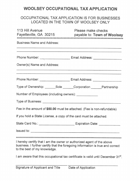 First page of the Occupational Tax Application