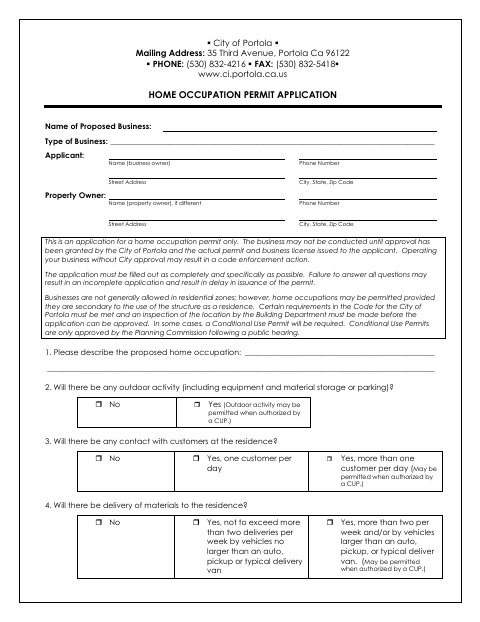 First page of the Home Occupation Permit Application