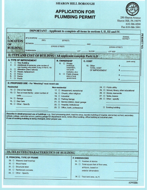 First page of the Plumbing Permit Application