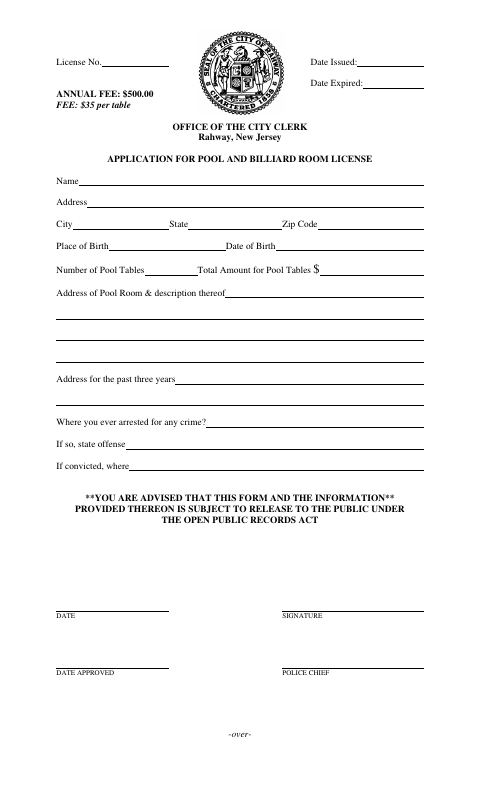 First page of the Application for Pool and Billiard Room License