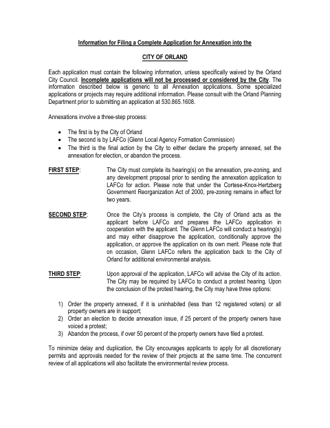First page of the Application for Annexation into the City of Orland