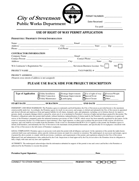 First page of the Use of Right of Way Permit Application