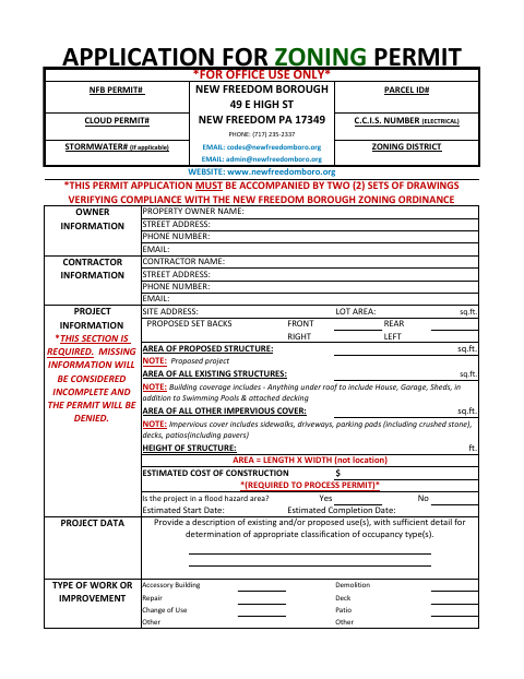 First page of the Application for Zoning Permit