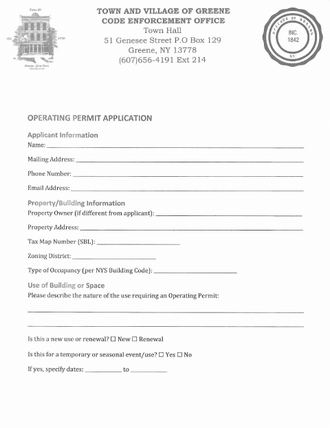 First page of the Operating Permit Application