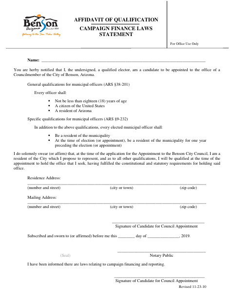 First page of the Affidavit of Qualification