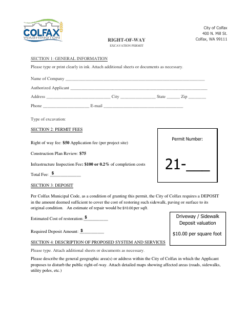 First page of the Right of Way Excavation Permit