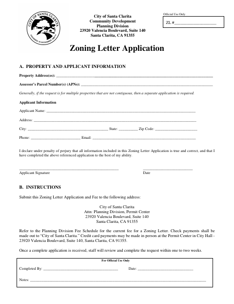 First page of the Zoning Letter Application