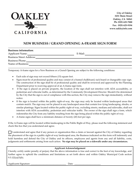 First page of the New Business / Grand Opening A-Frame Sign Form