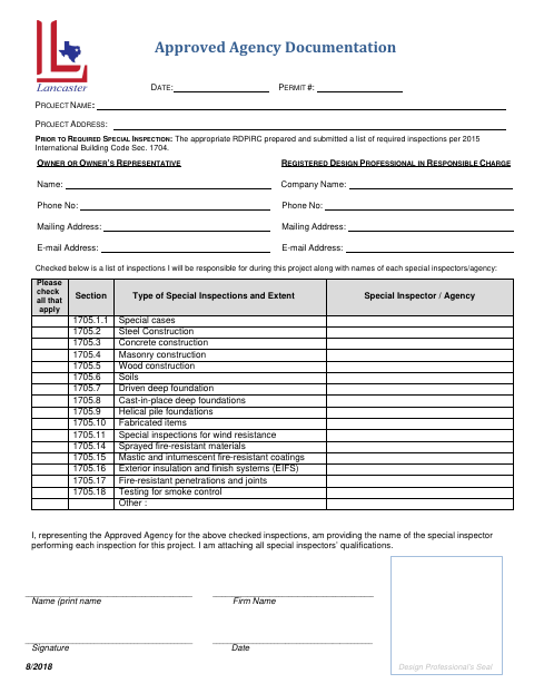 First page of the Approved Agency Documentation