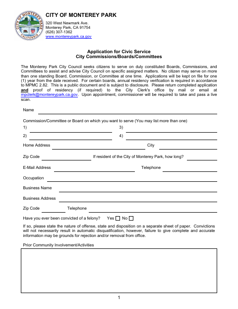 First page of the Application for Civic Service City Commissions, Boards, and Committees