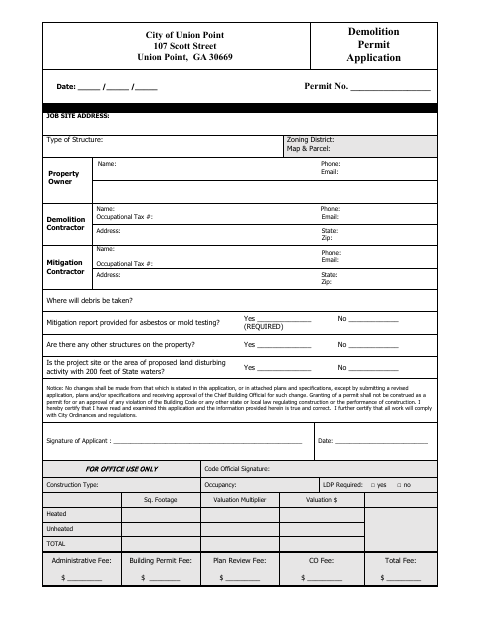 First page of the Demolition Permit Application