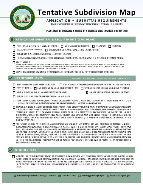 First page of the Tentative Subdivision Map Application