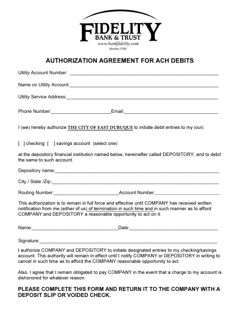First page of the Authorization Agreement for ACH Debits