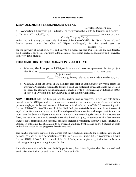 First page of the Labor and Materials Bond