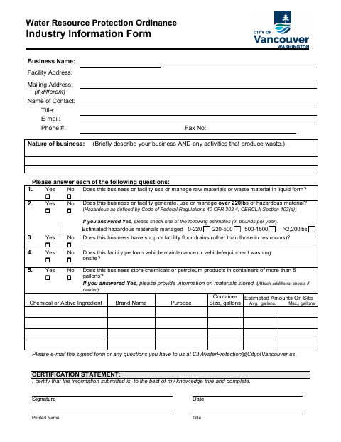 First page of the Water Resource Protection Ordinance Industry Information Form