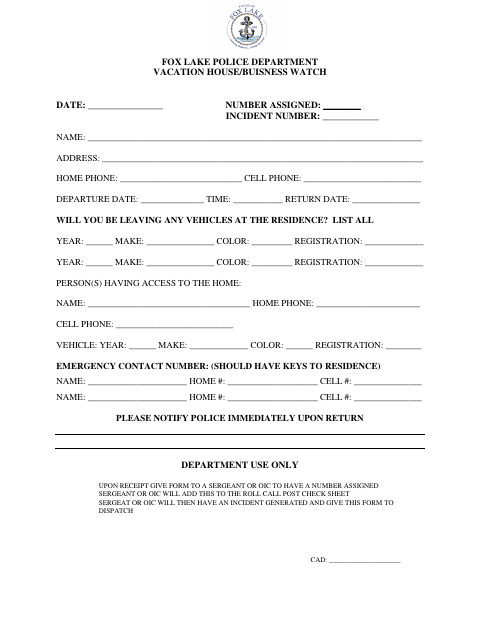First page of the Vacation House/Business Watch Request Form